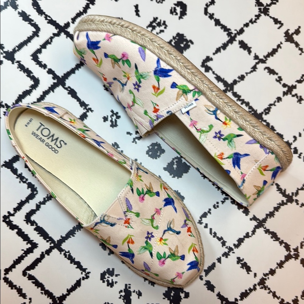 Toms Cream Canvas Espadrilles with Multicolor Floral & Bird Print